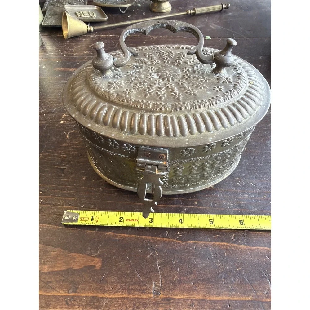 Vintage Hand Embossed Bronze Oval Box With Handle & Hasp Decorative Collectible